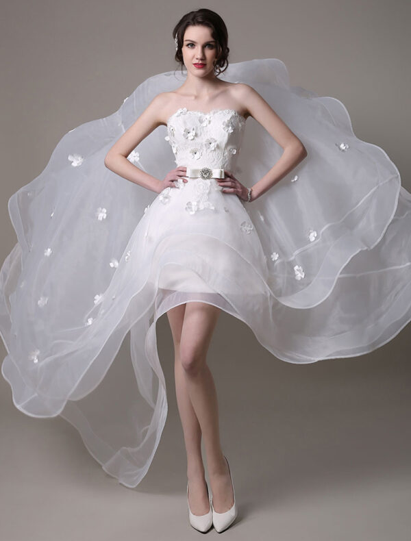 A Line Organza Short Wedding Dress Strapless Flowers Beaded Bow Lace Up Bridal Dress With Chapel Train