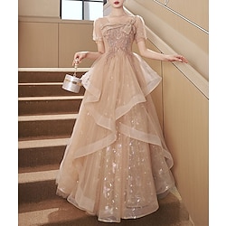 A-Line Party Dresses Elegant Dress Wedding Guest Prom Floor Length Short Sleeve Square Neck Tulle with Bow(s) Sequin 2024