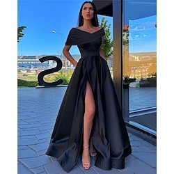 A-Line Prom Dresses Black Dress Formal Wedding Party Floor Length Short Sleeve Off Shoulder Satin with Ruched Slit 2024