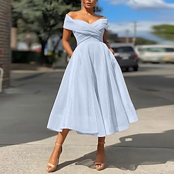 A-Line Prom Dresses Vintage Dress Wedding Guest Summer Tea Length Sleeveless Off Shoulder Organza Backless with Ruched 2024