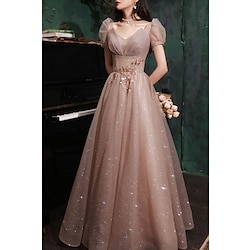 A-Line Prom Party Dress Sparkle Shine Dress Prom Valentine's Day Floor Length Short Sleeve V Neck Tulle with Sequin 2024