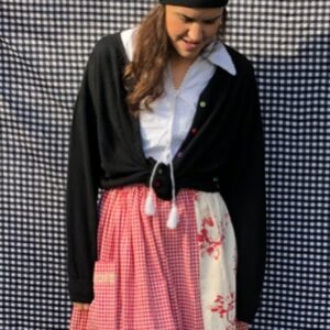 A Red Gingham Marina Skirt With Rosablue Panel. 100% Cotton. Country Style