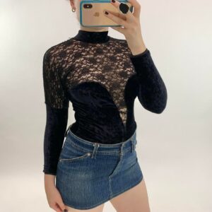 A Size S, 00's Black Lace & Velvet Bodysuit