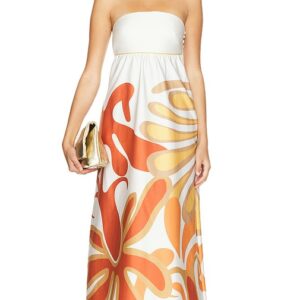 ADRIANA DEGREAS Algae Strapless Long Dress in Orange. Size M, S.