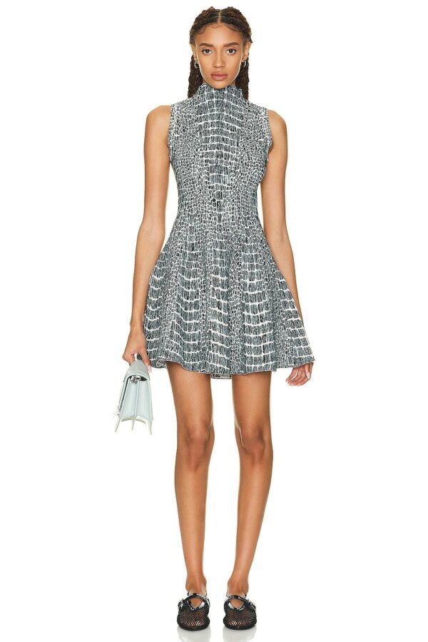 ALAÏA Skater Dress in Blanc & Opaline - Grey. Size 38 (also in 34, 36, 40, 42).