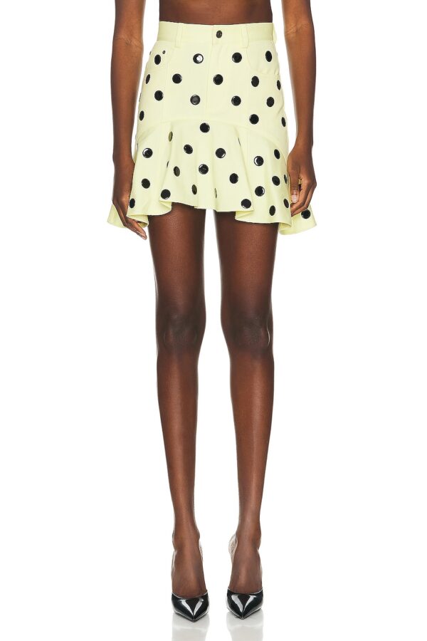 AREA Polka Dot Ruffle Mini Skirt in Cream Yellow - Yellow. Size 25 (also in 24, 26).