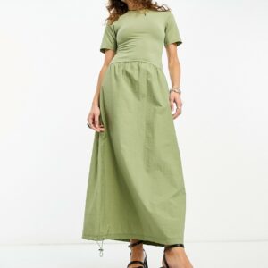 ASOS DESIGN 2 in 1 crew neck t-shirt midi dress with cargo skirt in sage-Green