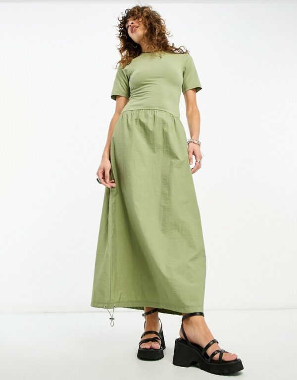 ASOS DESIGN 2 in 1 crew neck t-shirt midi dress with cargo skirt in sage-Green