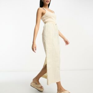 ASOS DESIGN 2 in 1 ribbed scoop neck vest with cargo midi dress with skirt in camel-Brown