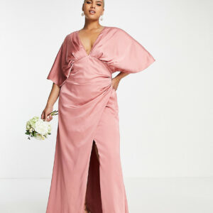 ASOS DESIGN Bridesmaid Curve satin kimono sleeve maxi dress with drape skirt in dusky rose-Pink