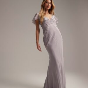 ASOS DESIGN Bridesmaid flutter sleeve maxi dress with lace detail and bias cut skirt in lilac-Purple