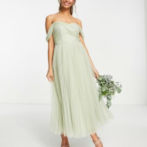 ASOS DESIGN Bridesmaid off shoulder tulle midi dress with tie back and pleated skirt in Sage-Green