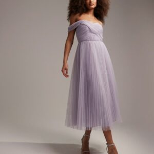 ASOS DESIGN Bridesmaid off shoulder tulle midi dress with tie back and pleated skirt in lilac-Purple