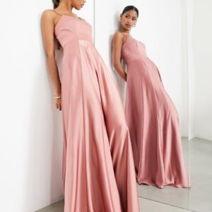 ASOS DESIGN Bridesmaid satin cami maxi dress with full skirt in dusky rose-Pink