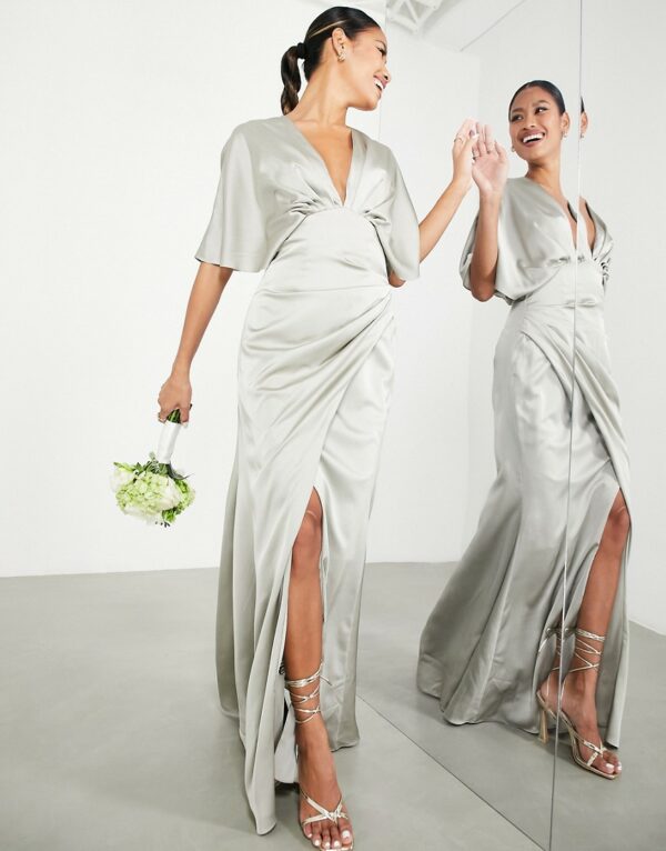 ASOS DESIGN Bridesmaid satin kimono sleeve maxi dress with drape skirt in sage green