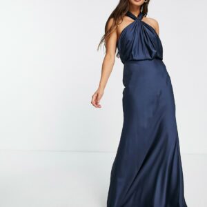 ASOS DESIGN Bridesmaid satin ruched halter neck maxi dress in petrol blue-Navy