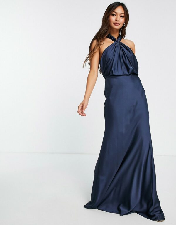 ASOS DESIGN Bridesmaid satin ruched halter neck maxi dress in petrol blue-Navy