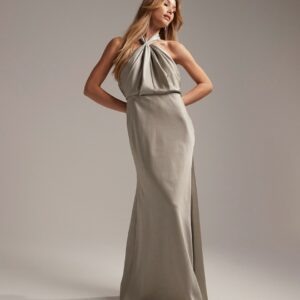 ASOS DESIGN Bridesmaid satin ruched halter neck maxi dress in sage green