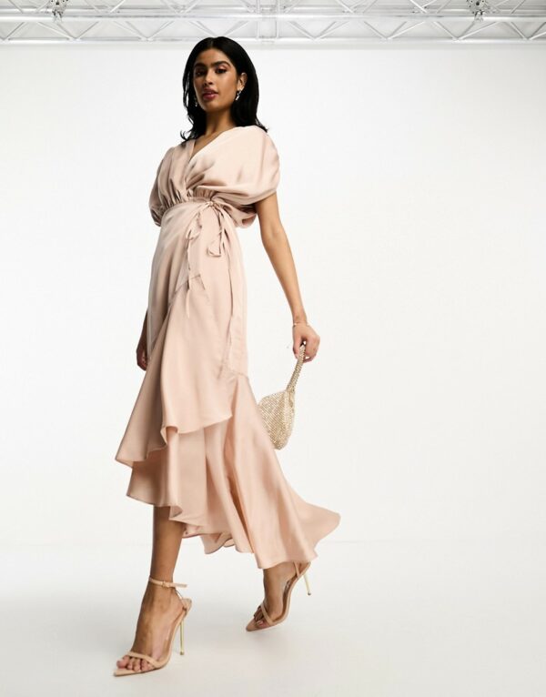 ASOS DESIGN Bridesmaid satin wrap midi dress with ruched detail in blush-Pink