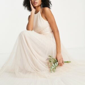 ASOS DESIGN Bridesmaid tulle pinny maxi dress with satin ribbon waist detail and pleated skirt in champagne-Neutral