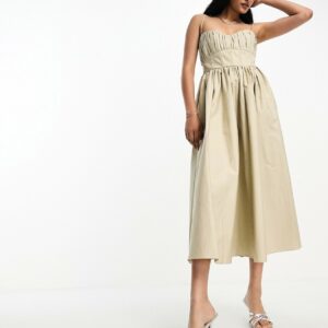 ASOS DESIGN Cotton structured prom midi dress with corset detail in stone-Neutral