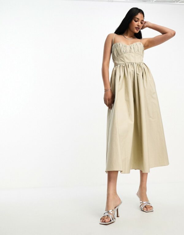 ASOS DESIGN Cotton structured prom midi dress with corset detail in stone-Neutral