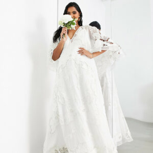 ASOS DESIGN Curve Amelia cutwork embroidered wedding dress with kimono sleeve -White