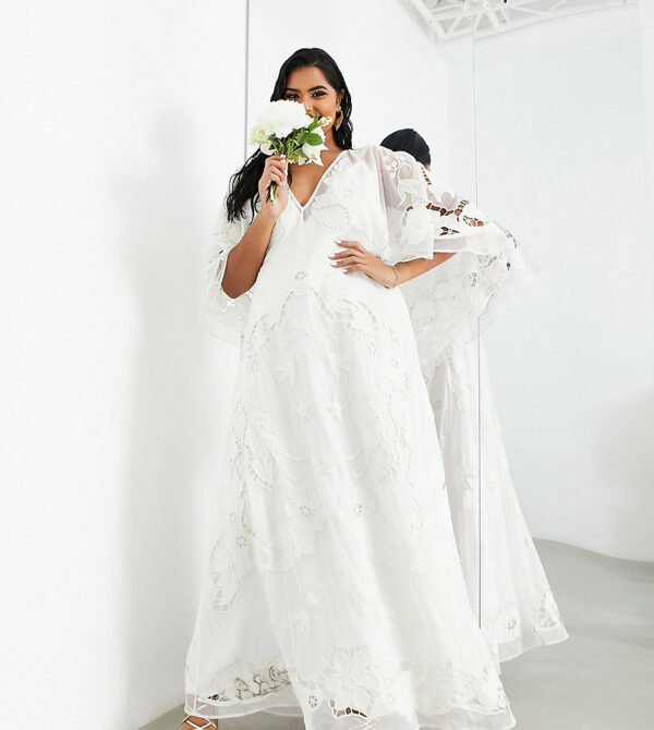 ASOS DESIGN Curve Amelia cutwork embroidered wedding dress with kimono sleeve -White