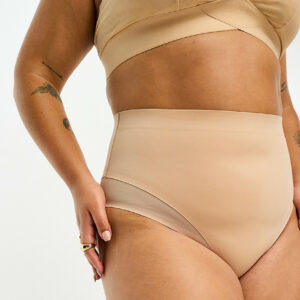 ASOS DESIGN Curve Contouring medium control high waist brief with mesh in beige-Neutral