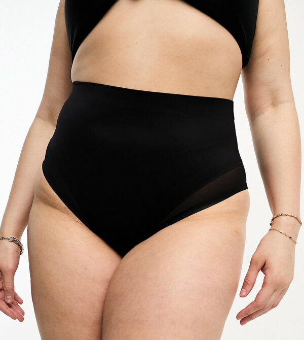 ASOS DESIGN Curve Contouring medium control high waist brief with mesh in black