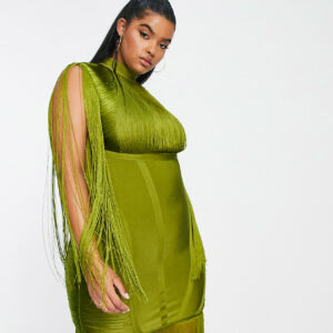 ASOS DESIGN Curve bandage fringe mini dress in khaki-Green