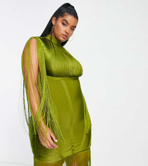 ASOS DESIGN Curve bandage fringe mini dress in khaki-Green