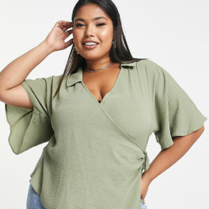 ASOS DESIGN Curve collared wrap blouse in khaki-Green