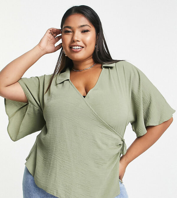 ASOS DESIGN Curve collared wrap blouse in khaki-Green