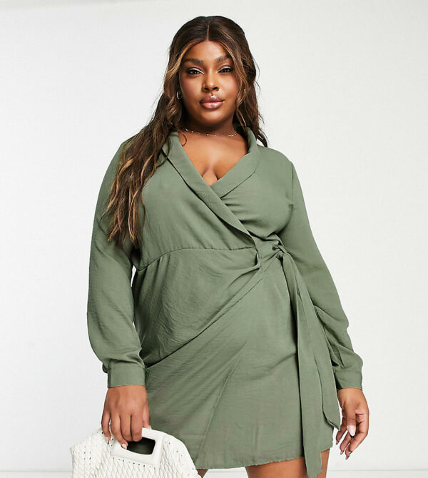 ASOS DESIGN Curve collared wrap mini dress in khaki-Green