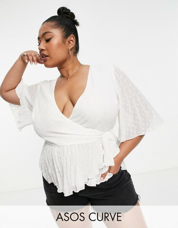 ASOS DESIGN Curve dobby wrap short sleeve blouse with pleated peplum hem in ivory-White