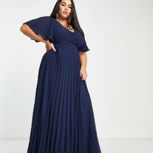 ASOS DESIGN Curve exclusive maxi dress with kimono sleeve and tie waist in pleat in navy