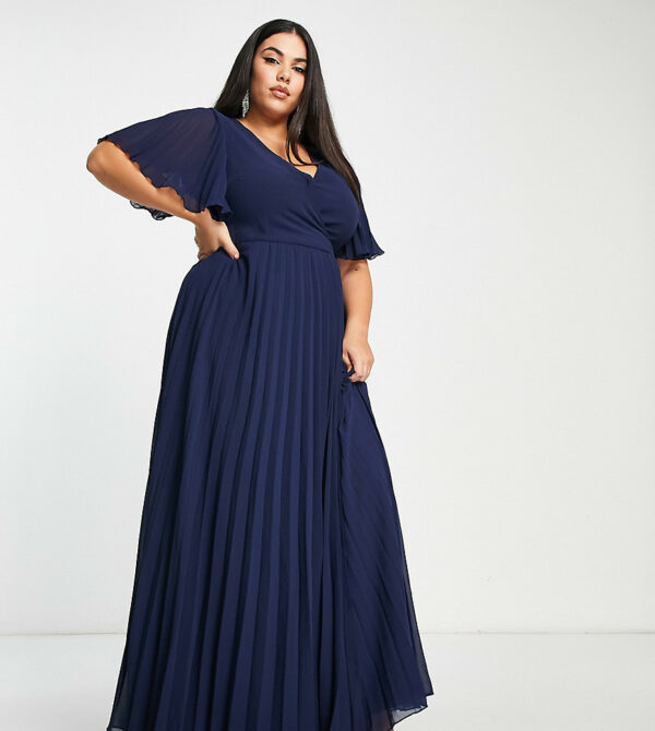 ASOS DESIGN Curve exclusive maxi dress with kimono sleeve and tie waist in pleat in navy