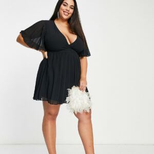 ASOS DESIGN Curve exclusive mini dress with kimono sleeve and tie waist in pleat in black