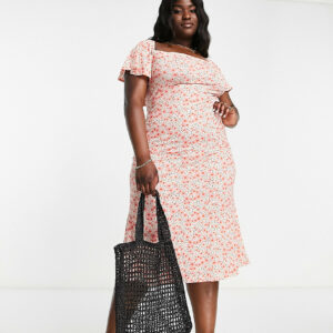 ASOS DESIGN Curve flutter sleeve midi tea dress in floral and spot print-Multi