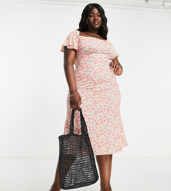 ASOS DESIGN Curve flutter sleeve midi tea dress in floral and spot print-Multi