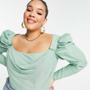 ASOS DESIGN Curve long sleeve puff shoulder top with corset bodice in sage-Green