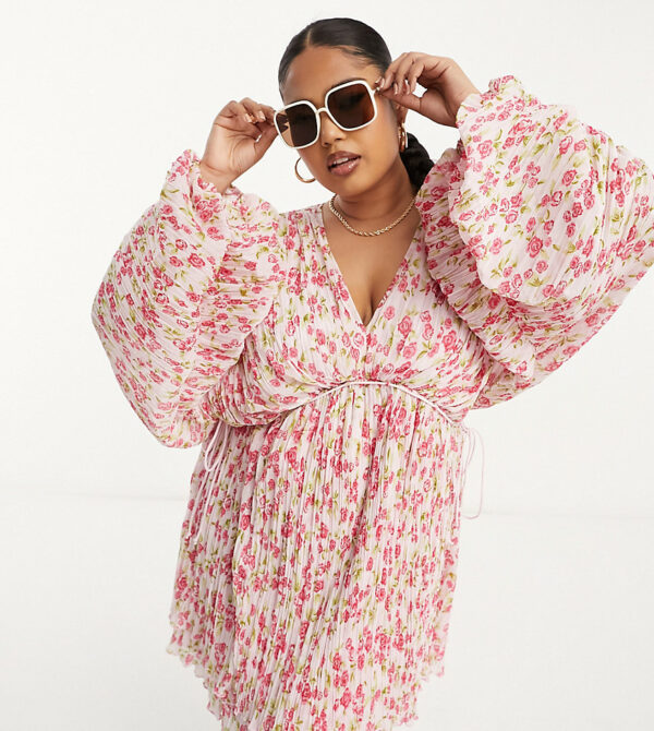 ASOS DESIGN Curve micro pleated batwing trapeze mini dress in pink floral-Multi