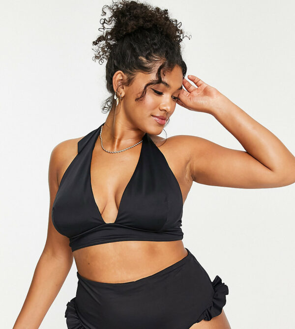 ASOS DESIGN Curve mix and match frill high waist bikini bottom in black