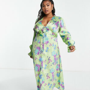 ASOS DESIGN Curve satin button through midi tea dress in green base floral print-Multi