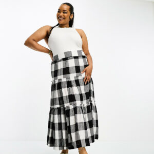 ASOS DESIGN Curve tiered midi skirt in jumbo mono gingham-Multi