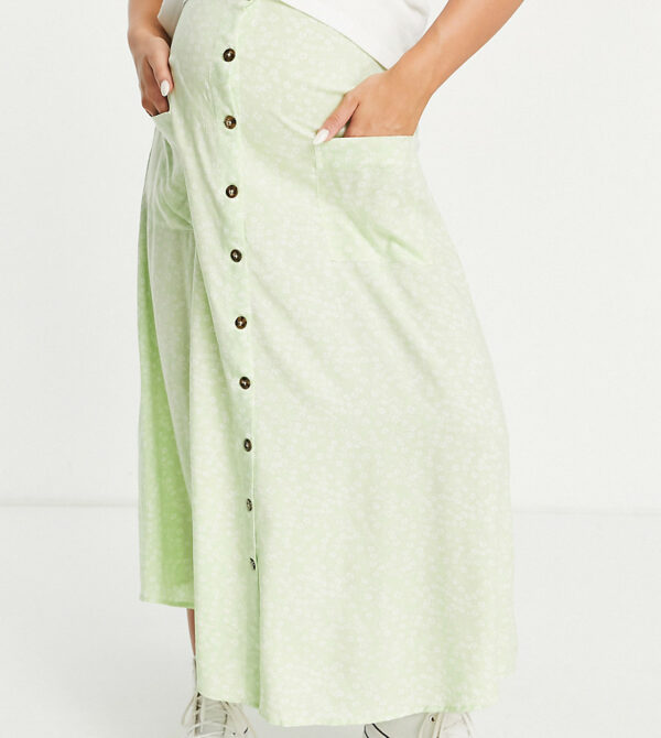 ASOS DESIGN Maternity button through pocket midi skirt in sage green ditsy floral-Multi