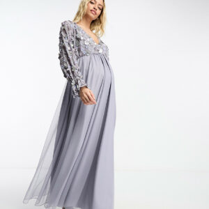 ASOS DESIGN Maternity embellished wrap front tulle skirt midaxi dress with floral detail in lilac-Purple