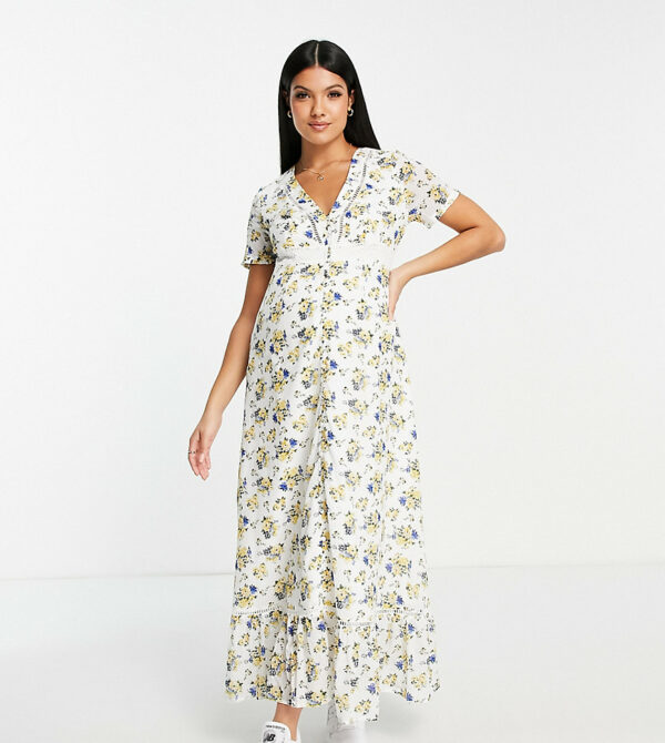 ASOS DESIGN Maternity lace insert button through maxi tea dress in floral print-Multi