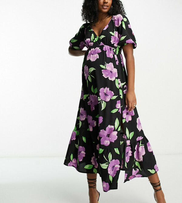 ASOS DESIGN Maternity wrap bodice button through skirt with pep hem midi dress in large purple floral-Multi